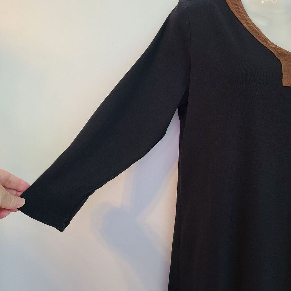 Lauren Ralph Lauren Womens L Tunic V-Neck Black Faux Suede Brown Trim Academia - Picture 4 of 13